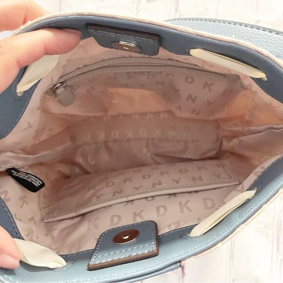 DKNY Ivory Cream and Blue Trims Lace Bow Front Bucket Style Crossbody Purse Bag - Picture 11 of 14